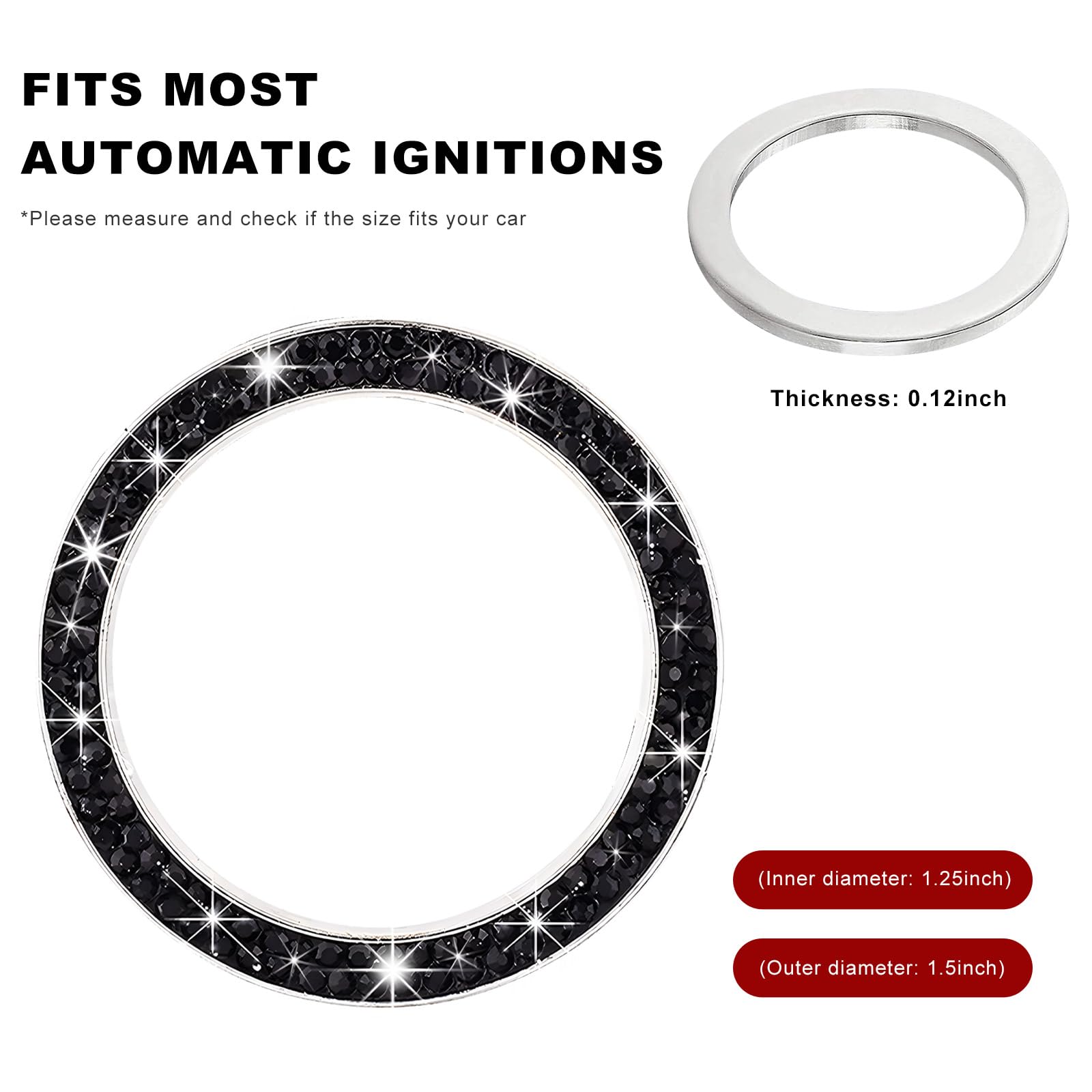 Car Bling Engine Start Ring Decals, Crystal Rhinestone Push Start Button Decorative Ring, Universal Sparkling Key Ignition Knob Cover for Women Girls, Car Accessories (Black) - 3