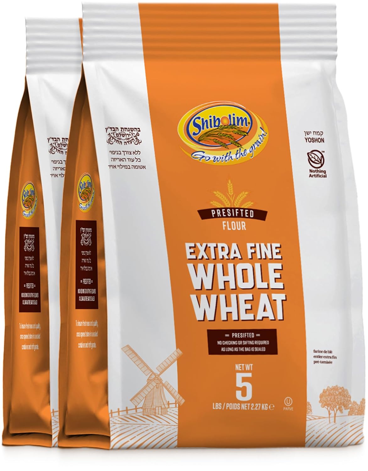 Shibolim Extra Fine Whole Wheat Flour, 5lb (2 Pack) | Triple Sifted Flour | 100% Whole Grain | Certified Kosher
