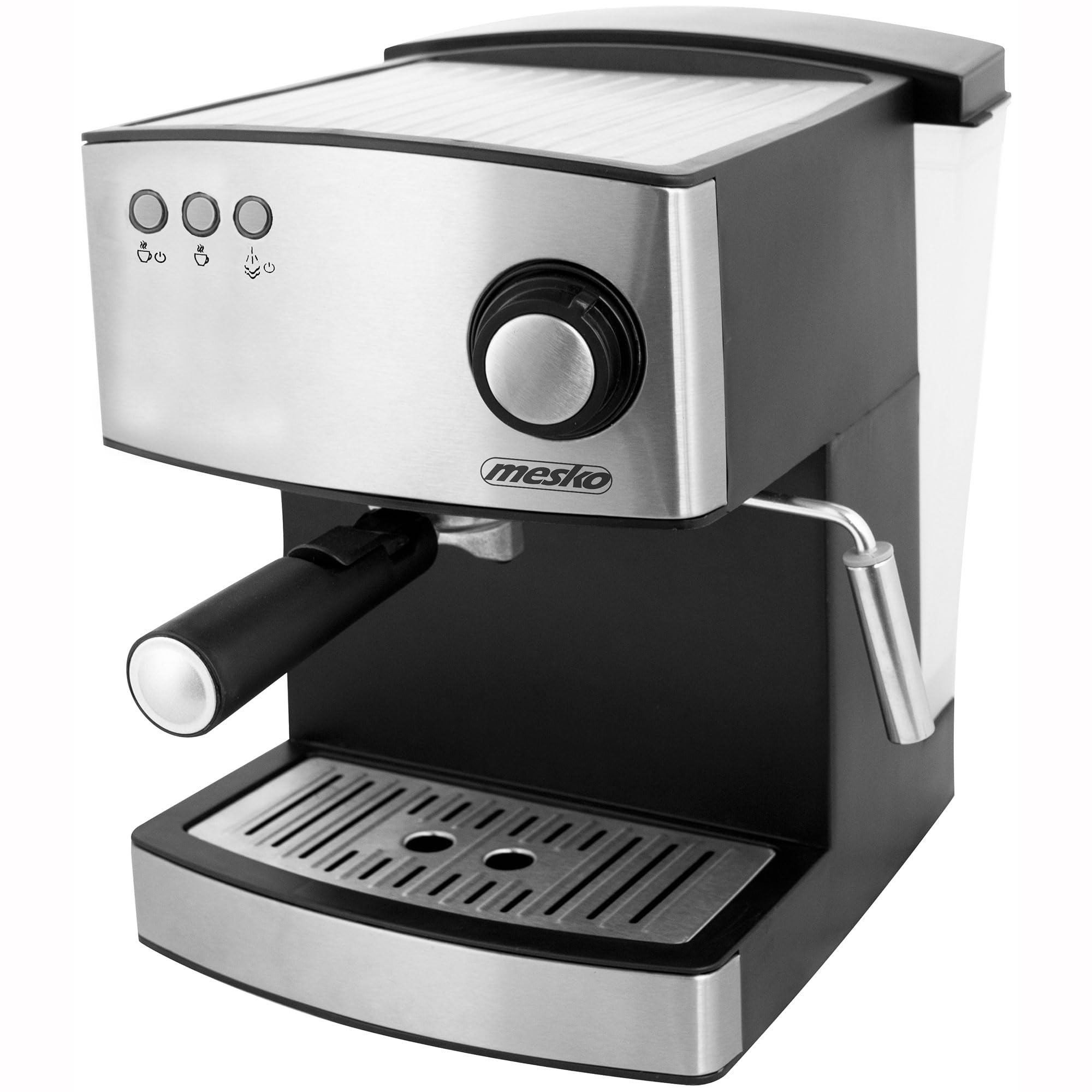 Mesko MS 4403 Macchina caffè Espresso Manuale Cappuccino, 15 Bar, per Grani Macinato, Serbatoio da 1,6L, Vaporetto Schiumatore di Latte, Scaldatazze, Acciaio Inox/Nero, 850W