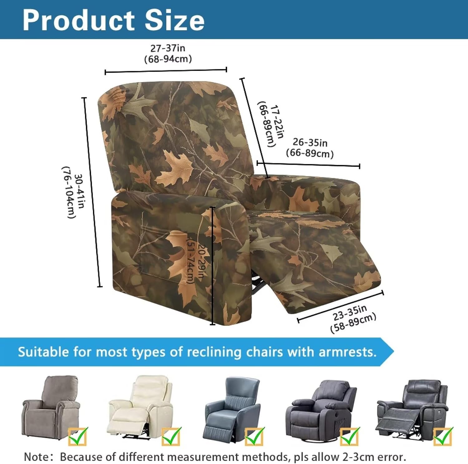 Hunting Camo Recliner Slipcover Lazy Boy Chair Covers for Reclining Chair with Handle Fall Stretch Recliner Slipcovers Couch Cover 1 Seat Sofa Set 4 Pieces for Living Room