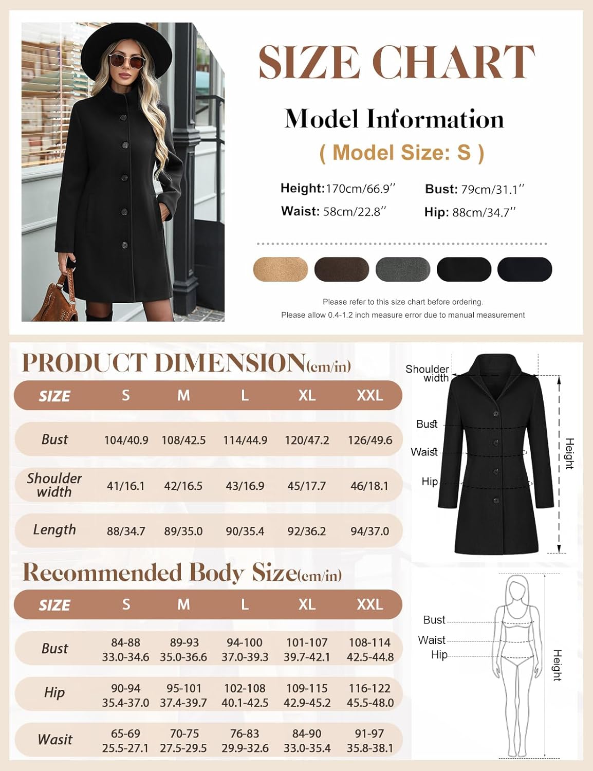 Women's Winter Single Breasted Pea Coat Casual Stand Collar Overcoat Work Office Classic Jacket with Pockets - Image 6