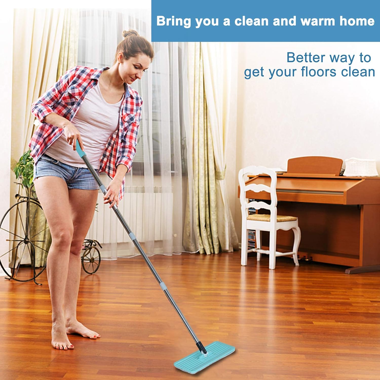 Floor Flat Mop Bucket Set - Flat Squeeze Mop, Home Floor Wizard Cleaning System with Aluminum Handle/2-Washable Microfiber Pads Perfect Home, Kitchen Cleaner for Hardwood