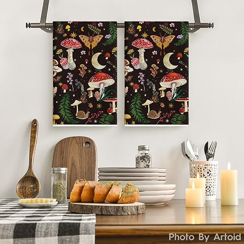 Miniatura 8 de Artoid Mode Juego de 2 toallas de cocina modernas de hongos, 18 x 26 pulgadas, diseño botánico mágico de granja, juego de 2 toallas de mano