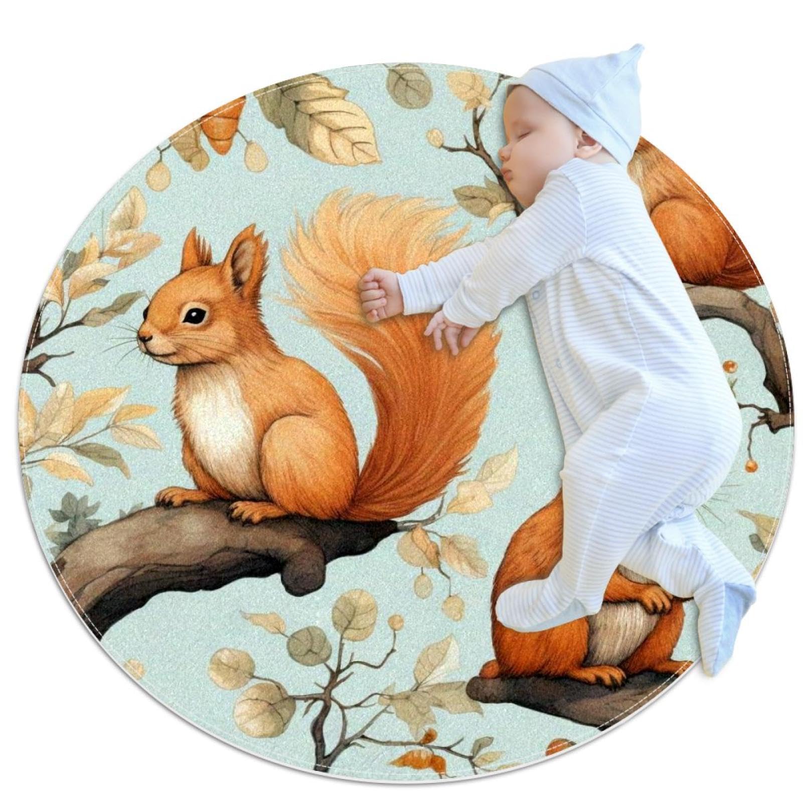 Tapis de salle de bain rond 1m antidérapant et paillasson décoration écureuils