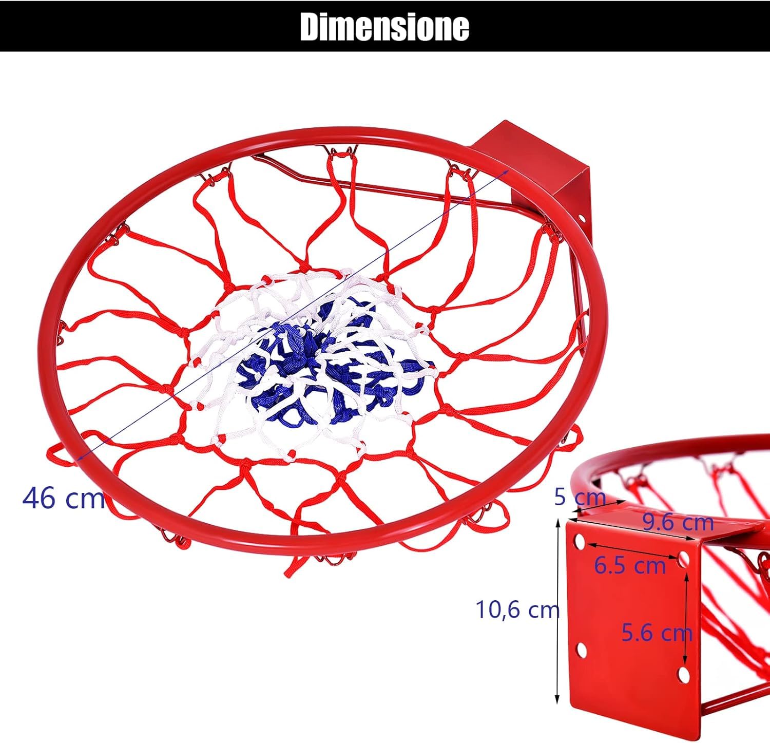GYMAX Anello Canestro da Basket, in Ferro e PE, Rete di Pallacanestro a Muro, per Bambini e Adulti, Facile da Montare, Diametro di 46cm