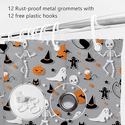 Miniatura 6 de MEHOFOND Cortina de ducha de calavera de esqueleto de Halloween, divertida cortina de ducha para baño, gato, calabaza, bruja, fantasma, bañeras,