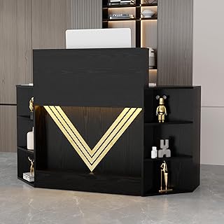 VOWNER 39.3" H Modern Reception Desk with LED Lighting, Office Counter with Display Cabinet, Secretary Desk with Power Outlets – Front Desk for Salon, Lobby (55.1" W x 21.2" D x 39.3" H) (Black)
