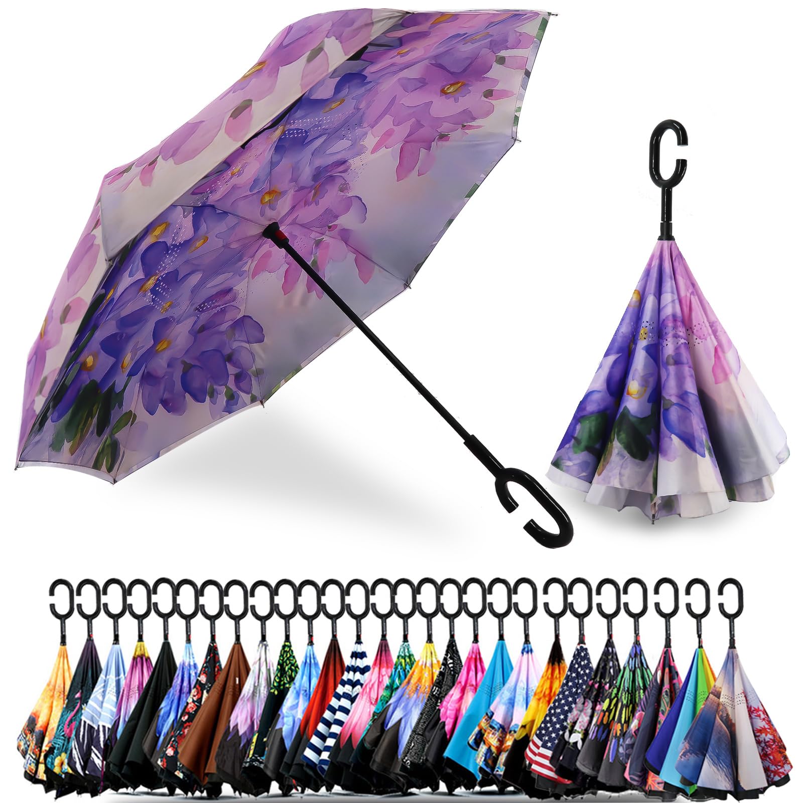 SIEPASA40/49/56/62 Inch Inverted Reverse Upside Down Umbrella, Extra Large Double Canopy Vented Windproof Waterproof Stick Umbrellas with C-shape Handle.