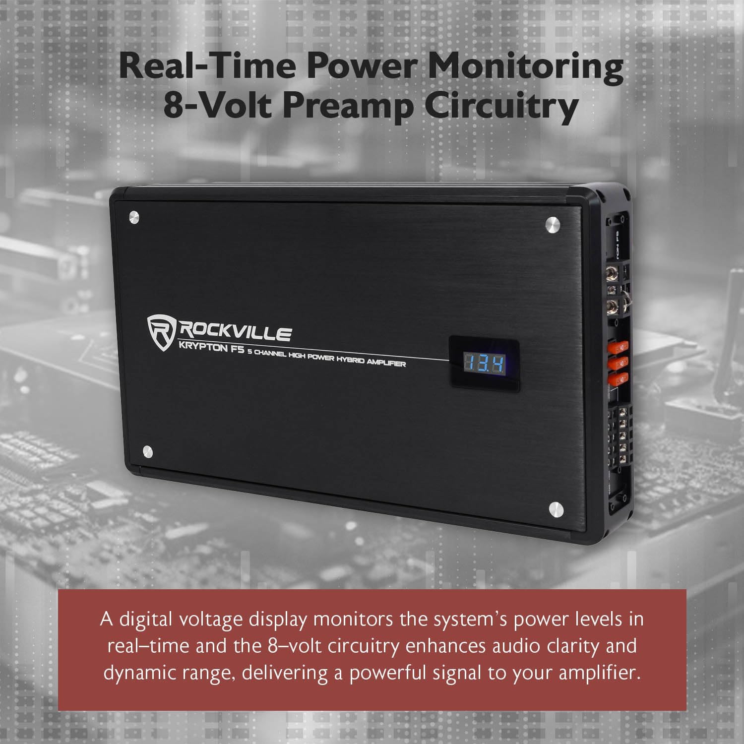 Rockville Krypton F5 3200W 5-Channel Car Amplifier, 15.35” x 8.66" x 2.2", Dyno-Certified RMS, Volt Meter, Bass Knob, Clip Indicator, Class AB+D for Car Audio and Subs