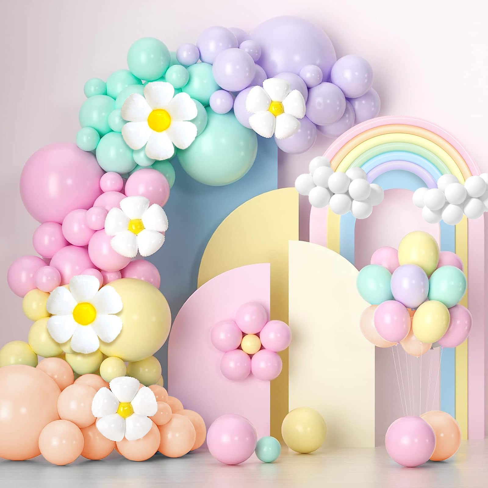 Pastel Balloon Arch Kit Party Decorations with Daisy Balloons, Pastel Balloons and Long Balloons Rainbow Balloons Arch Kit Baby Shower Balloon Arch for Birthday Gender Reveal Decoration