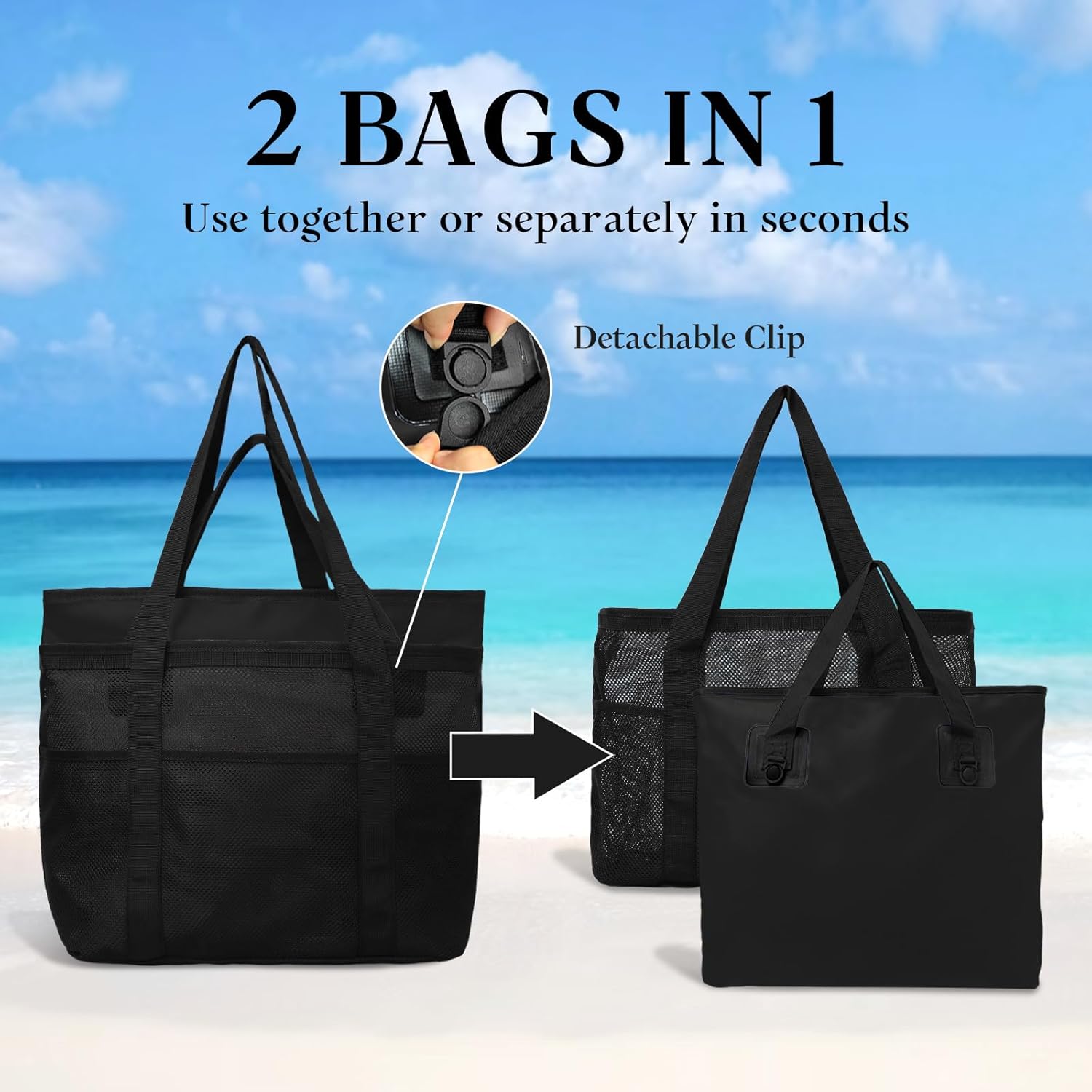 miss fong Mesh Beach Bag - Beach Bags for Women Pool Bag Swim Bag – 2-in-1 Waterproof Beach Tote Bag Wet/Dry Separation