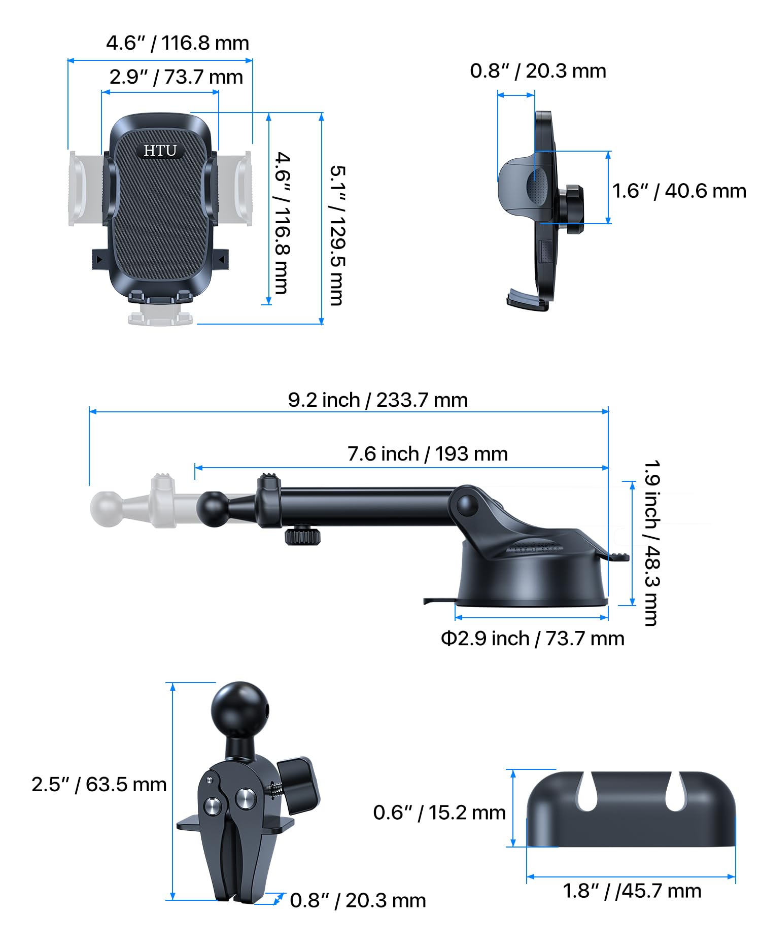 HTU Soporte de teléfono celular para automóvil 【Potente ventosa】Soporte universal para teléfono de coche para salpicadero, parabrisas, rejilla de ventilación, brazo largo, soporte para teléfono