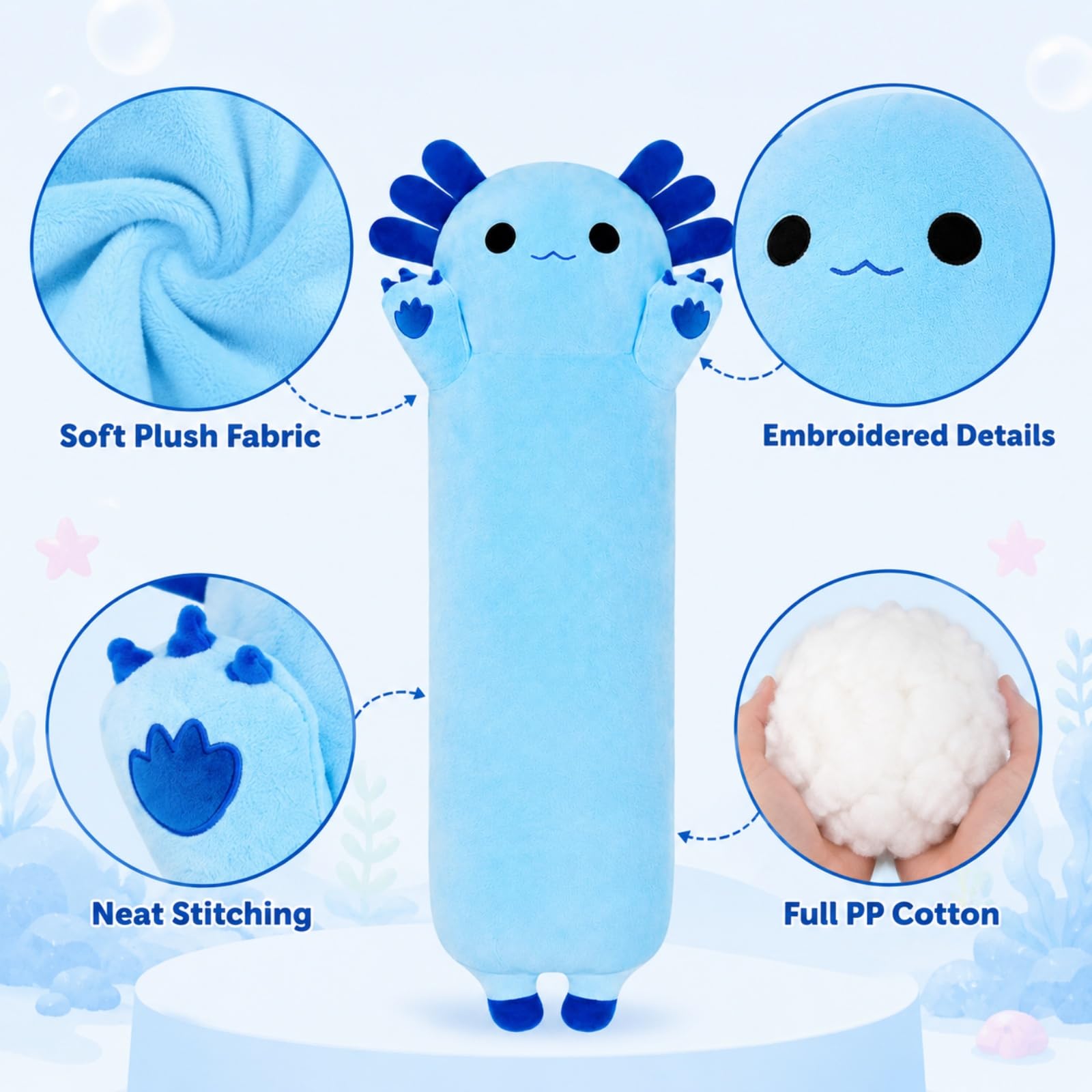 SNOWOLF Cojín Largo de Peluche de Axolotl, Juguete de Peluche Suave Kawaii de Peluche, Adorable cojín de Abrazo para niños (110 cm, Azul)