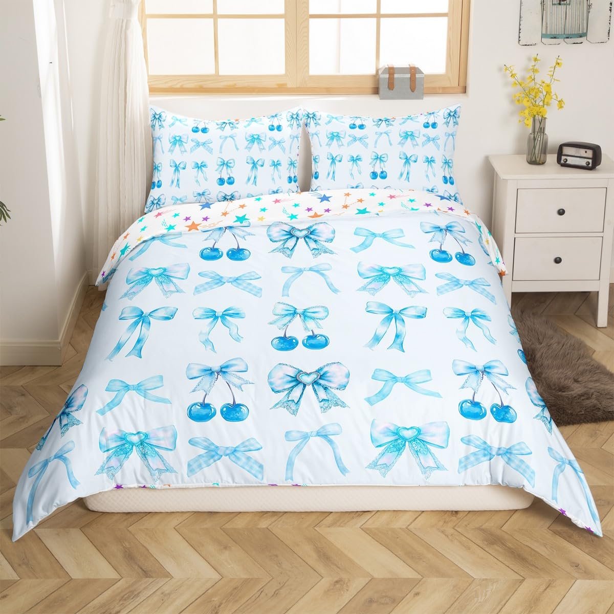 Homewish Bluey Cherry zestaw poszewek na kołdrę z kokardą śliczna jedwabna wstążka kokardka super king zestaw pościeli, księżniczka muszka poszewka na kołdrę, marzycielski zestaw pościeli kawaii