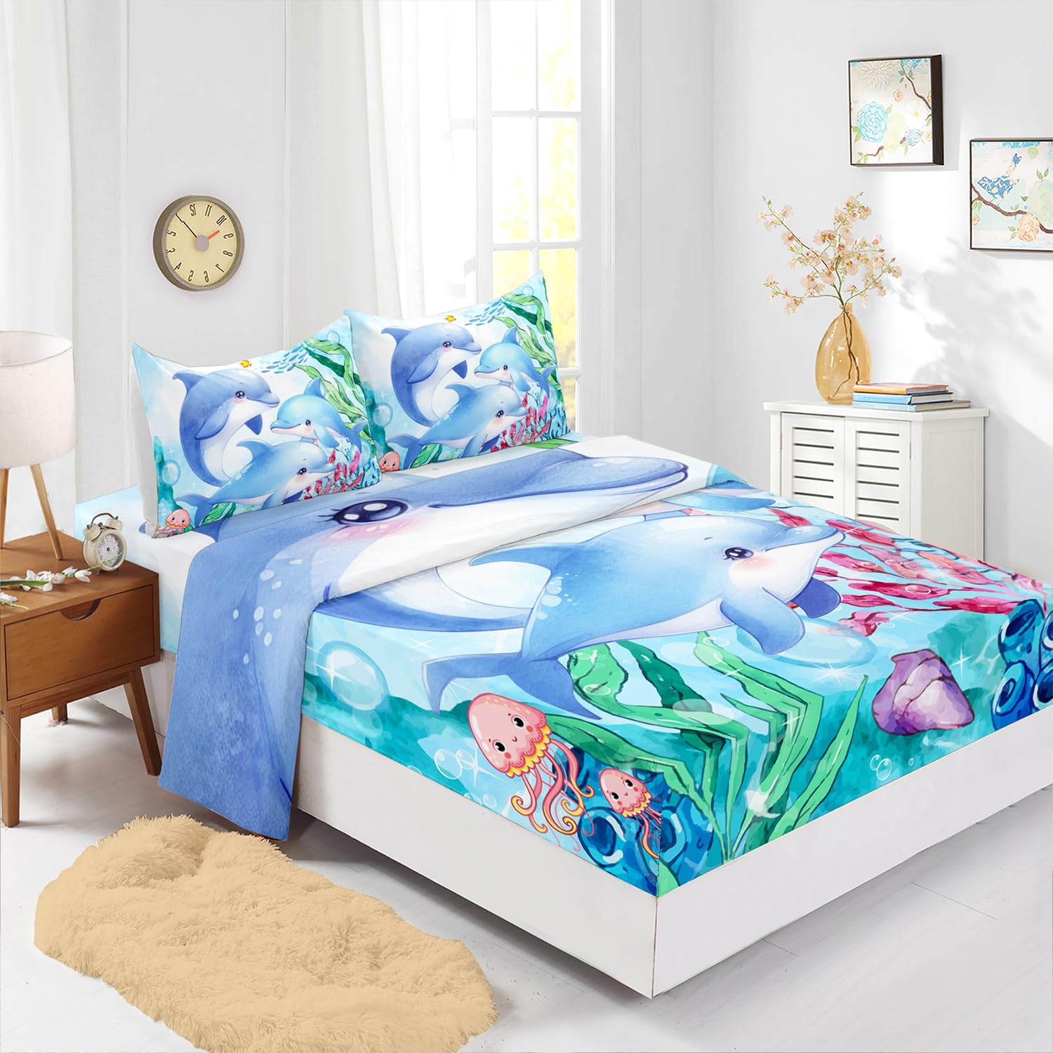 XYNHML Dolphins Animal Aqua Blue Green Sea Sheet Twin 4Pcs Kids Coral Jellyfish Bedding Set for Boys Girls Ocean Waves Bedspread Fish Bed Set with 1