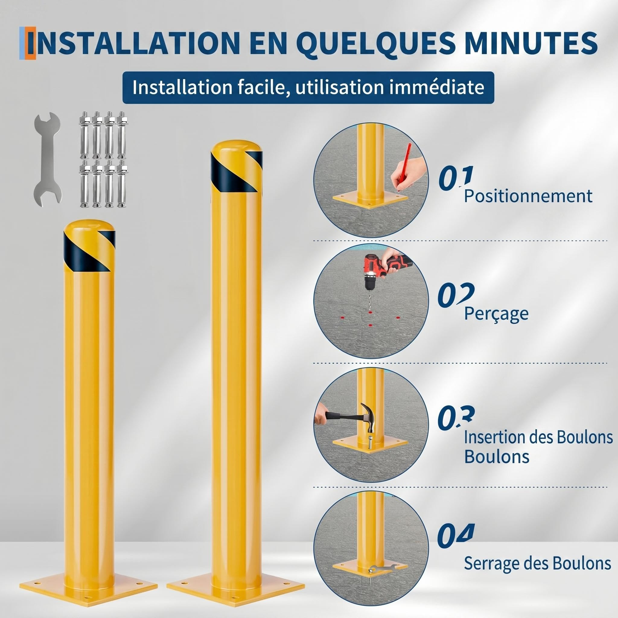H 106 cm Borne de sécurité Haute visibilité en Acier – Lot de 2, Jaune | Protection robuste pour zones industrielles, installation facile, amovible – Idéal parkings et entrepôts