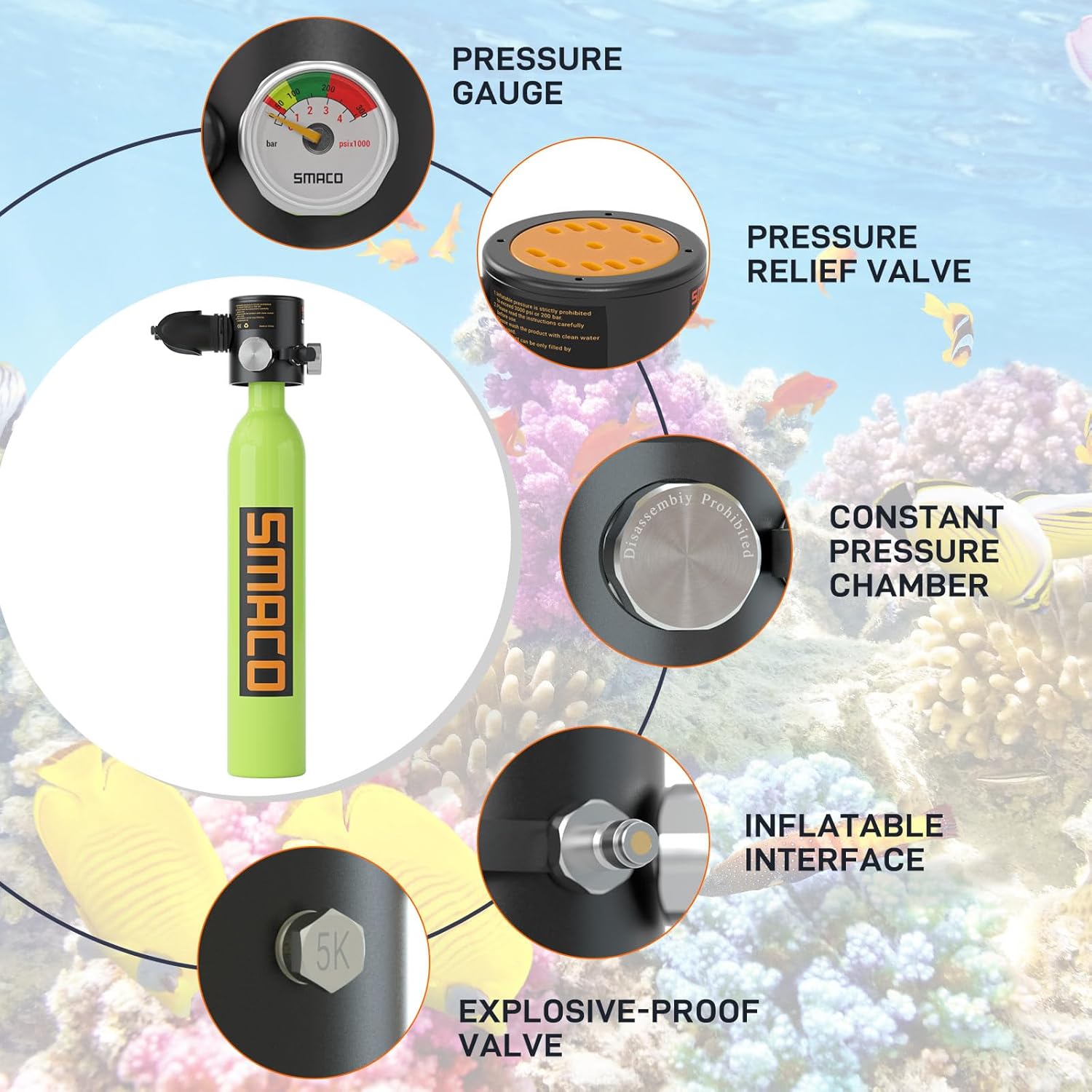 SMACO S300Plus Mini Scuba Tank Refillable Diving Tank 0.5L Capacity Support Underwater Breathing Reusable Scuba Tank for Diver Portable Diving and Snorkeling Equipment