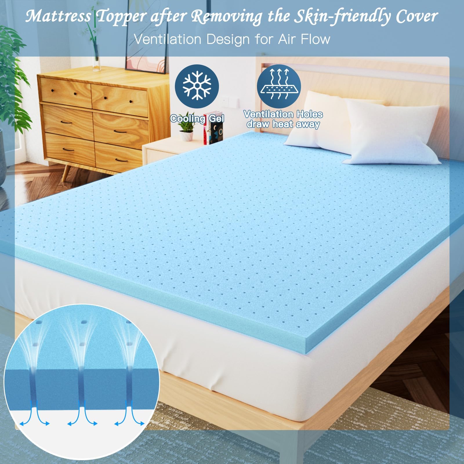 Cubrecolchón de espuma viscoelástica de 4 pulgadas, con infusión de gel refrescante de alta densidad King (78 x 80 pulgadas) con funda extraíble agradable a la piel, cubrecama para aliviar la presión