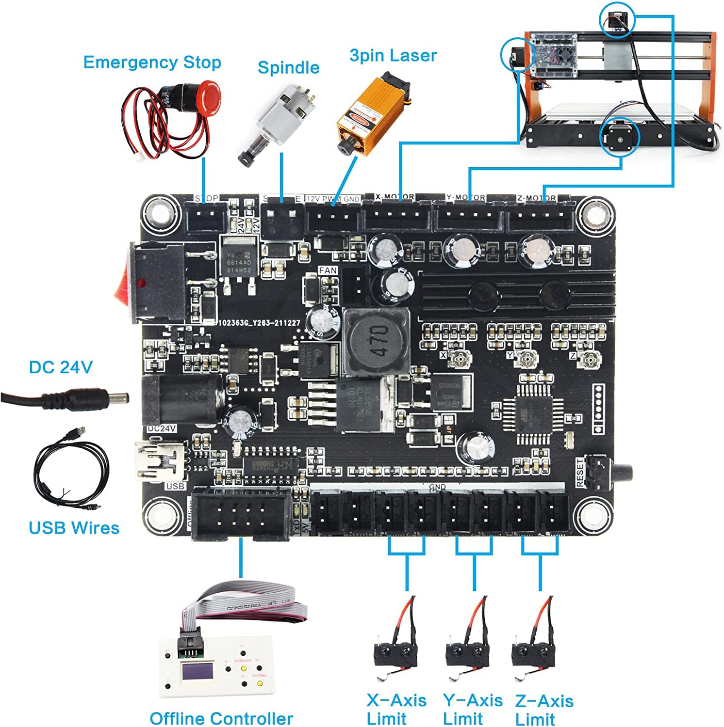 RATTMMOTOR CNC Fräsmaschine,UPGRADE 3018-Pro CNC-Fräs-Graviermaschine,3 Achsen CNC Router GRBL Steuerung,mit CNC Offline-Steuerung,mit X/Y/Z Achse Limiter+Not-Aus Funktion,für Acryl PVC PCB Holz