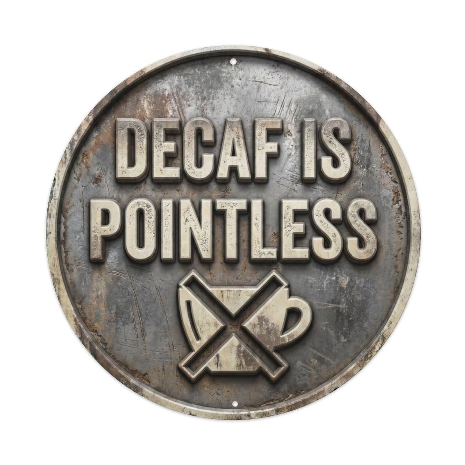 Decaf Is Pointless Vintage Indoor Display Retro Slogans Vintage Metal Tin Sign Plaque Wall Decor for Cafe, Club, Garden Round Metal Poster 8x8Inch