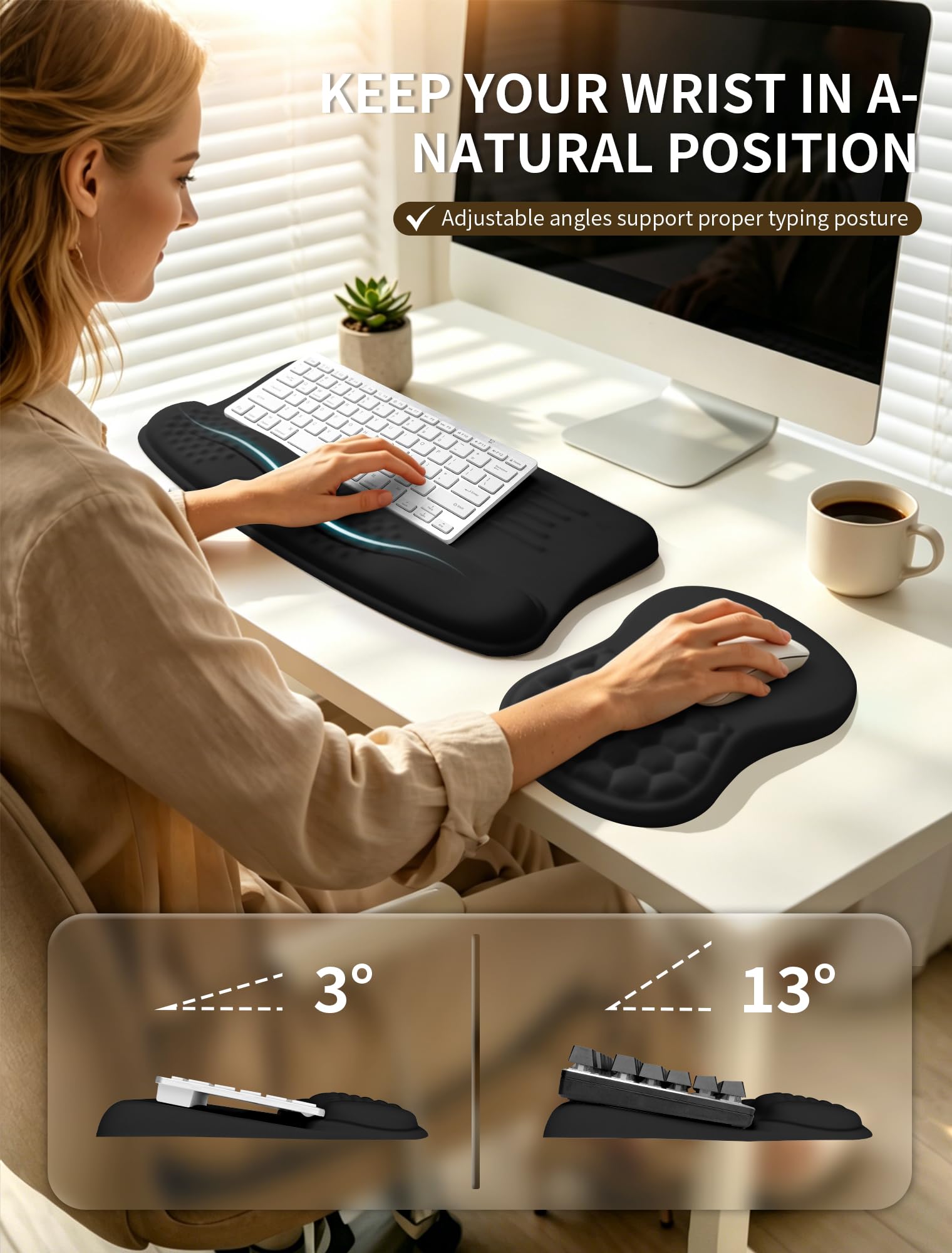 Set 2 in 1, supporto ergonomico per tastiera con poggiapolsi e tappetino per mouse con supporto per il polso, in memory foam per alleviare il dolore al tunnel carpale, migliora la postura del