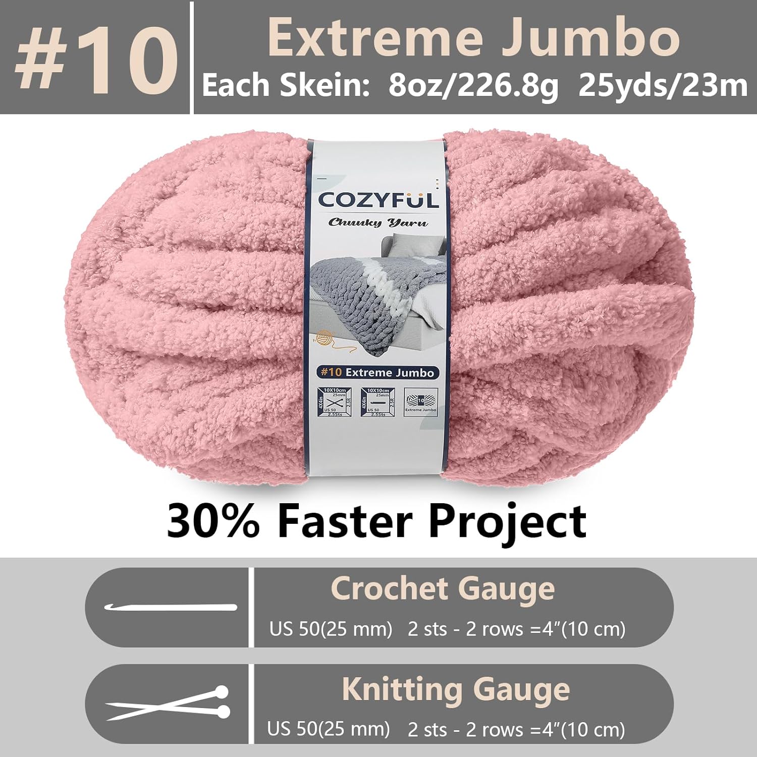 cozyful chunky yarn for hand knitting - #10 chunky chenille yarn, jumbo big thick chunky yarns for crocheting, super bulky chunky knit blanket yarns, 8 skein (25 yds 8 oz each skein), dusty pink 8 pack dusty pink