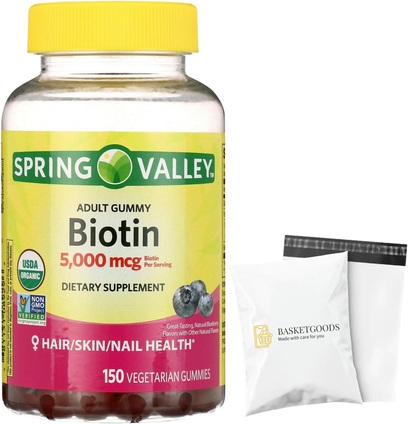 Spring Valley Biotin 5000mcg- Blueberry Flavor, Hair Skin and Nails 150 Gummies (Pack of 1), Set by Basket Goods