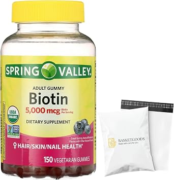 Spring Valley Biotin 5000mcg- Blueberry Flavor, Hair Skin and Nails 150 Gummies Pack of 1, Set by Basket Goods