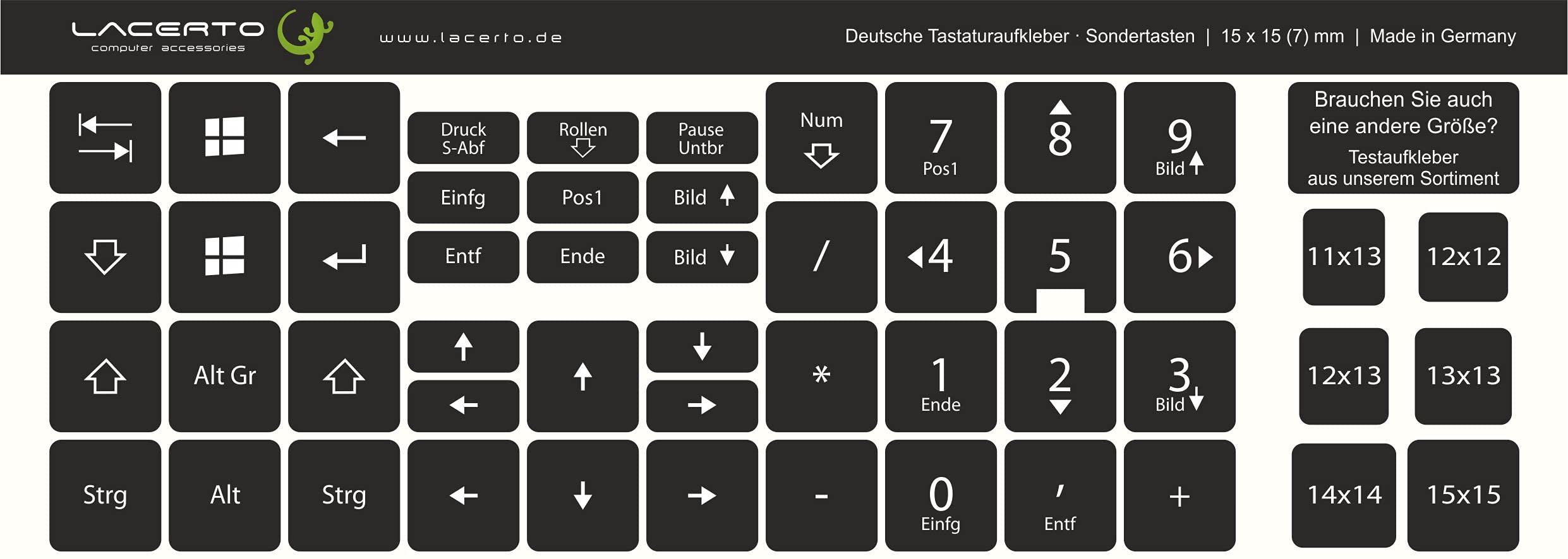 Pegatinas alemanas para teclados de ordenador y portátil | Set incluye teclas adicionales (15 x 15 mm, negro)