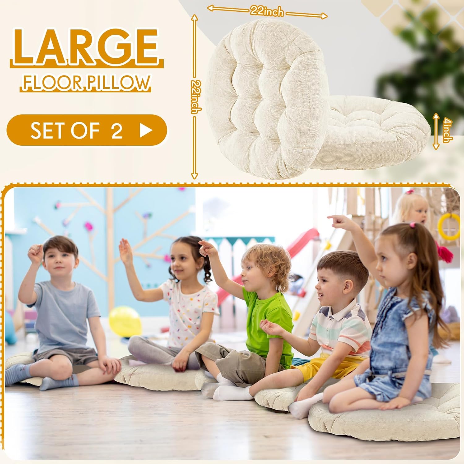 Jerify 2 Pcs Floor Pillow Cushions 22 x 22 Inch Round Square Large Meditation Floor Pillow for Classroom Adult Meditation Picnic Party Seating Learning Daycare School (Round,Beige) Round Beige 2