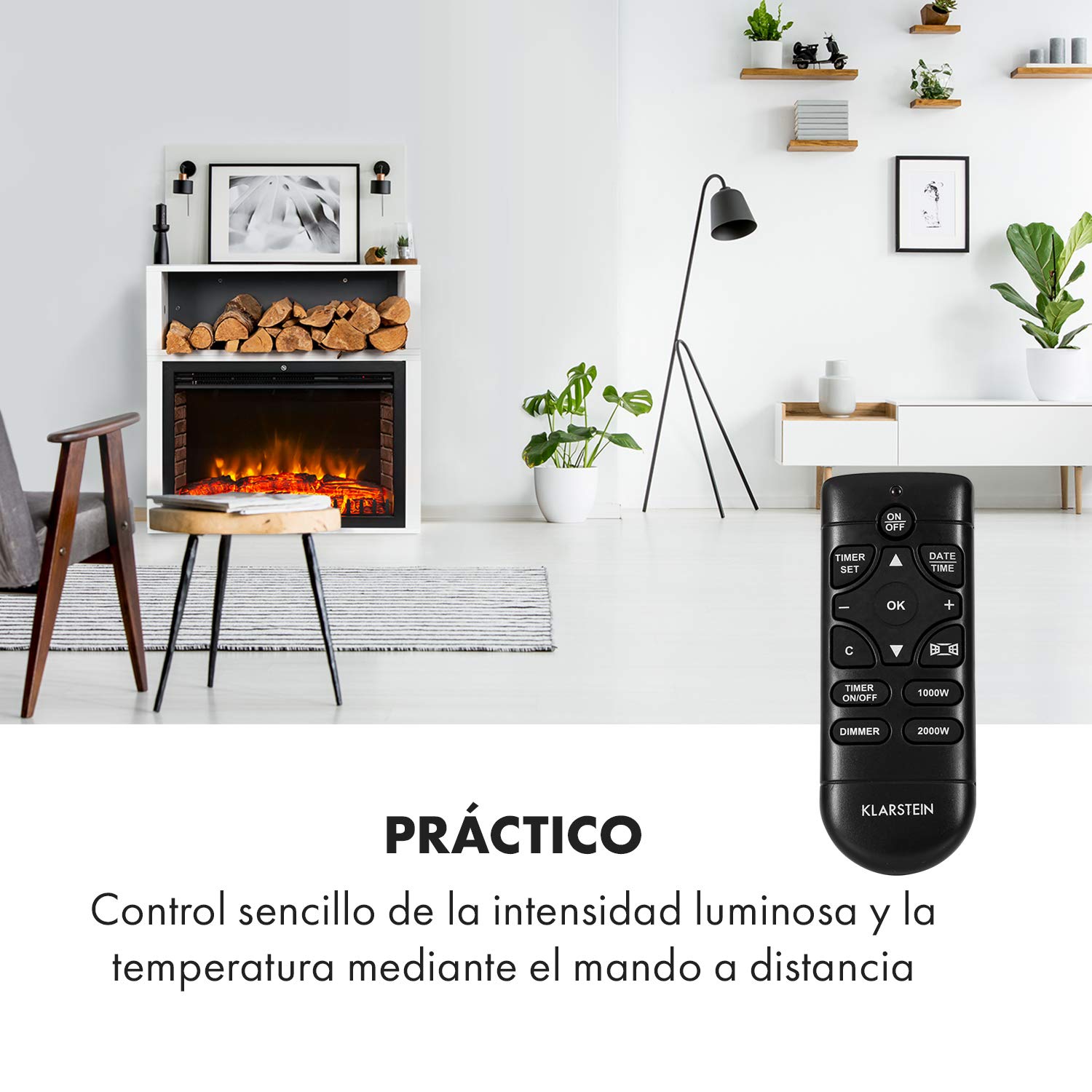 Klarstein Mauna Loa - Chimenea eléctrica de convección, 1000/2000 W, hasta 40 m², termostato: 15-30 °C, ilusión de Llamas, LED Regulable, Mando a Distancia, Temporizador semanal, Blanco