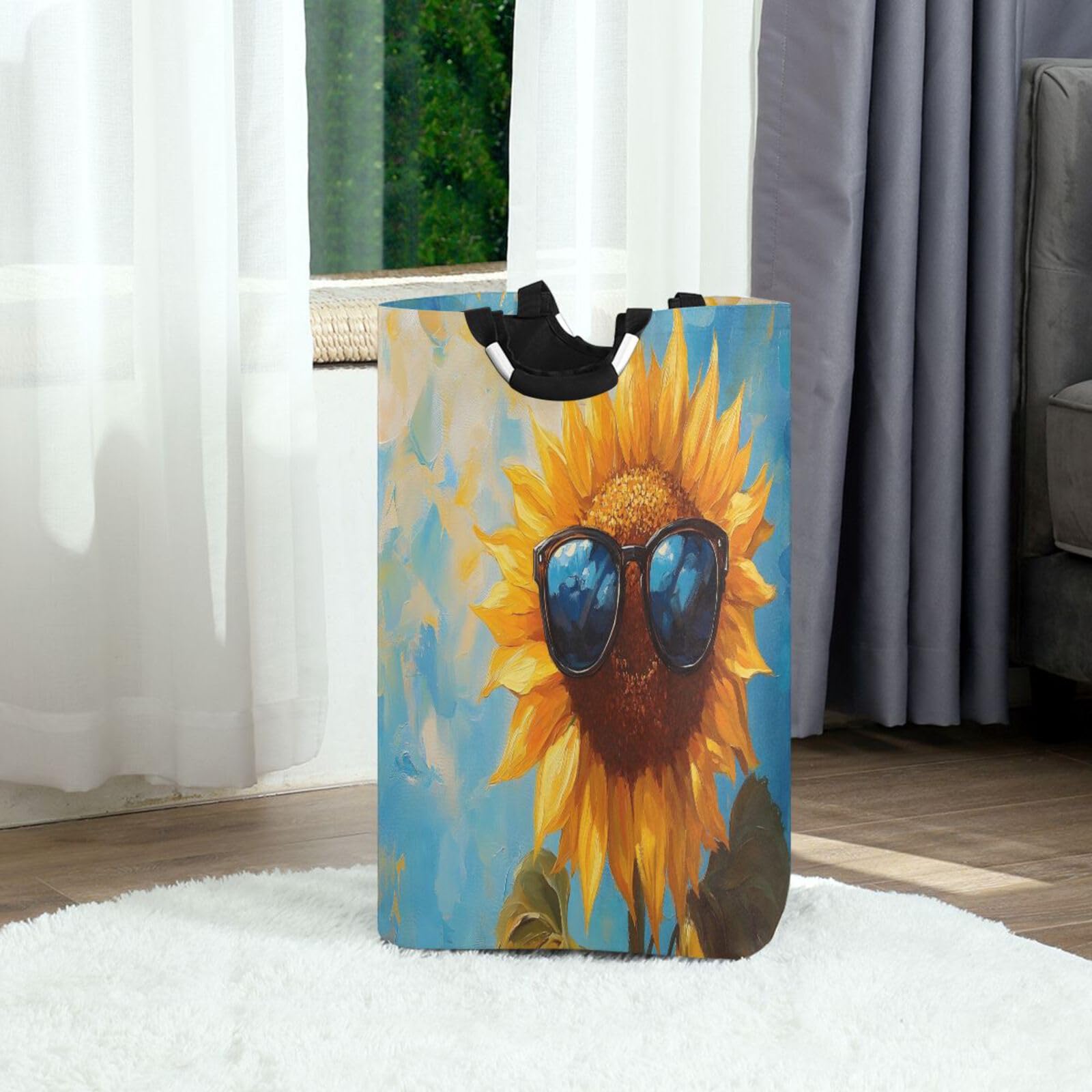 Jihqo Laundry Hamper Basket Funny Sunflower in Sunglasses Collapsible Nursery Storage Bin Waterproof Clothing Baskets for Home Bedroom Bathroom Washing Room