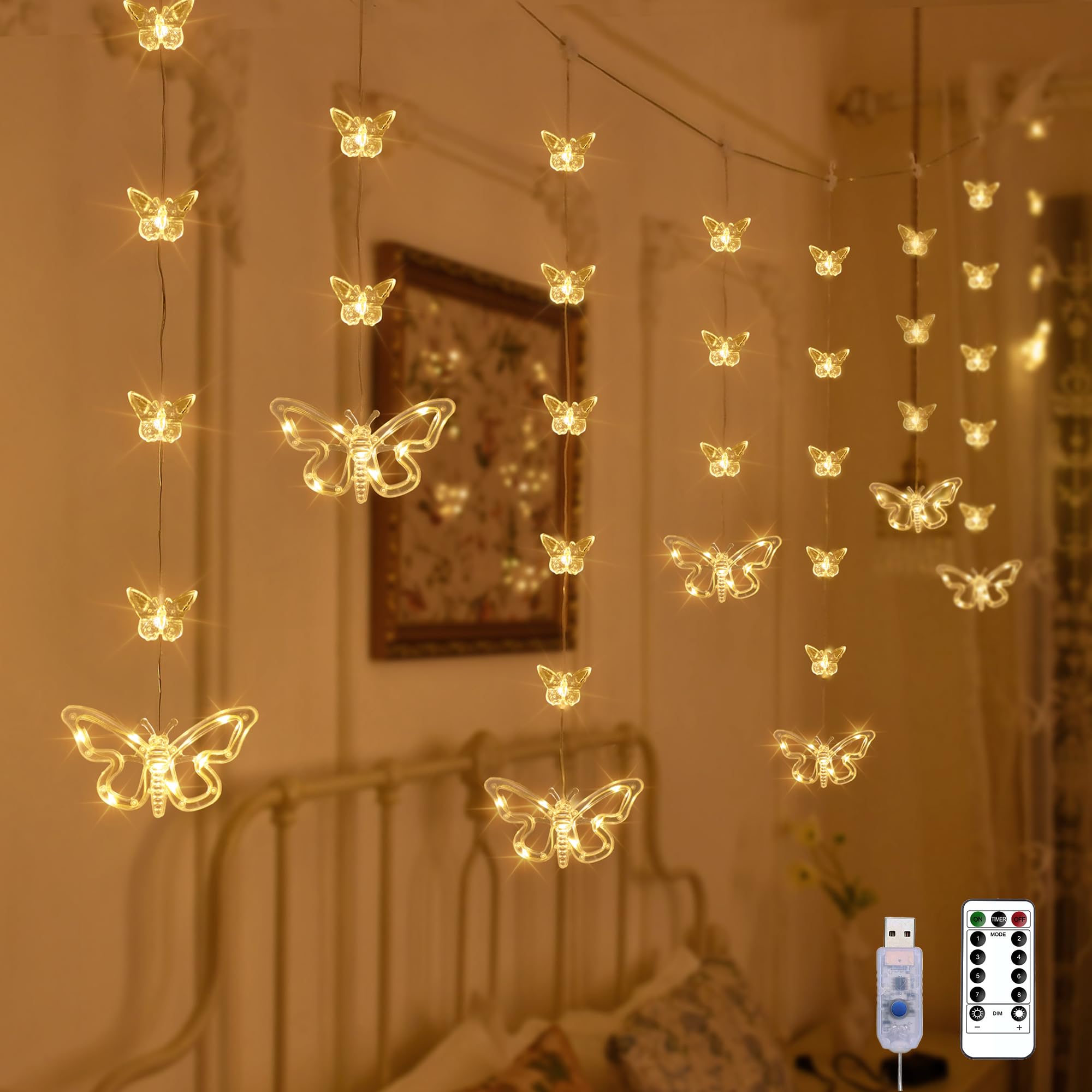 YOLIGHT Butterfly Curtain Lights for Bedroom 3M LED Cute Fairy Light with Remote Timer, Twinkle String Lights Wall Décor for Kids Girls Room Bed Canopy Wedding Easter Christmas Decoration (Warm White)