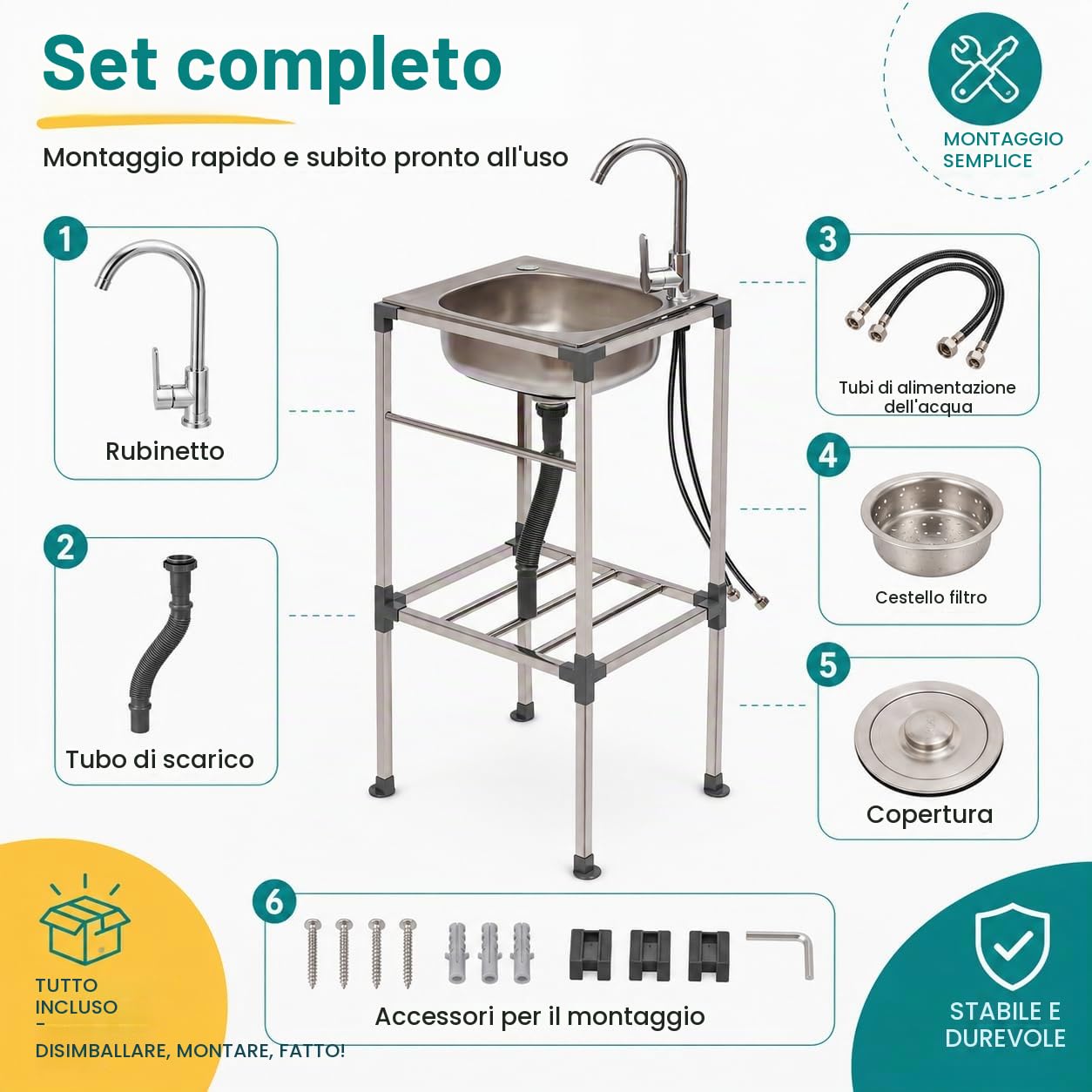 Lavello autoportante in acciaio inox con 360°Rubinetto 42x37x83CM | Portata 60KG, in acciaio inox, per esterni, giardino, campeggio, camper, cortile, fattoria