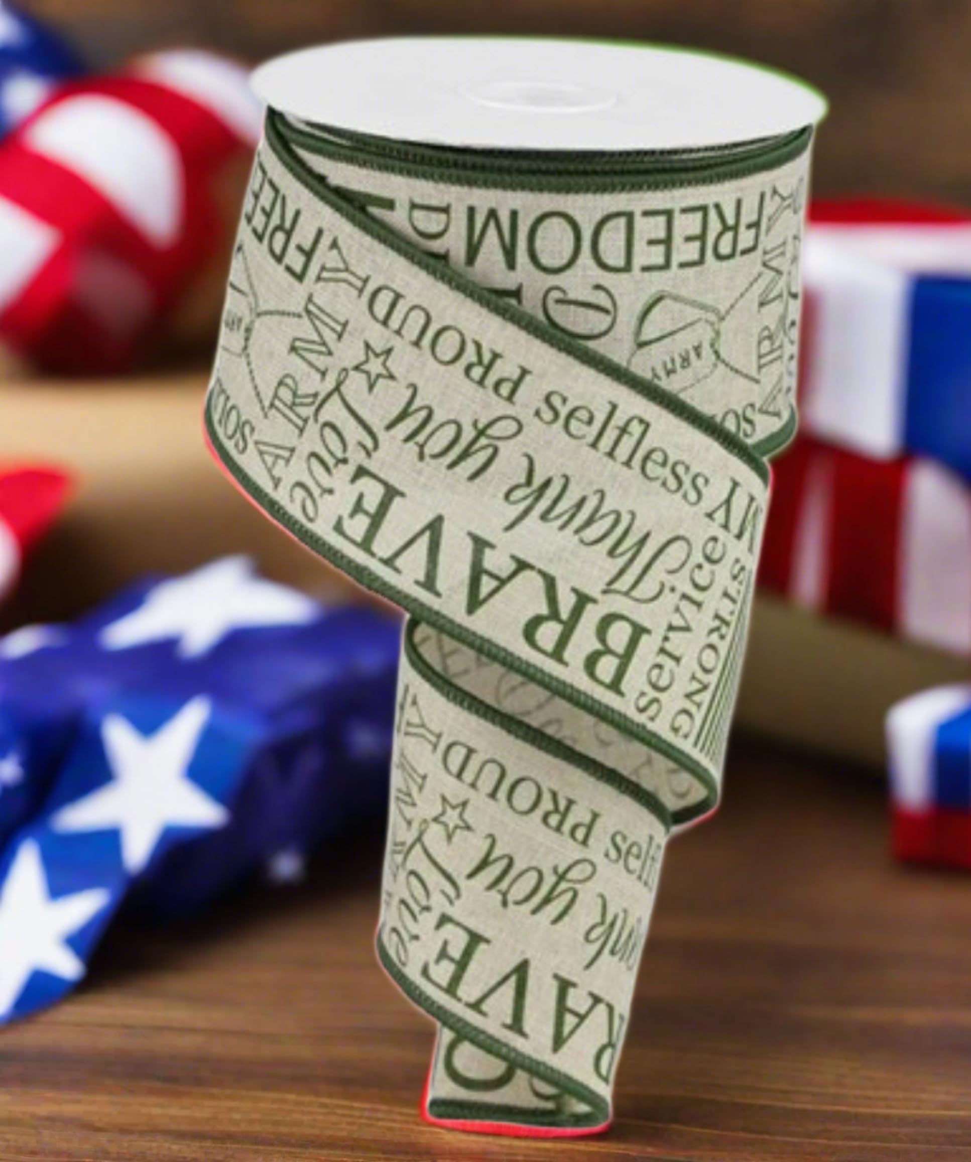US Army Ribbon, Beige and Army Green Faux Burlap Ribbon, 2.5