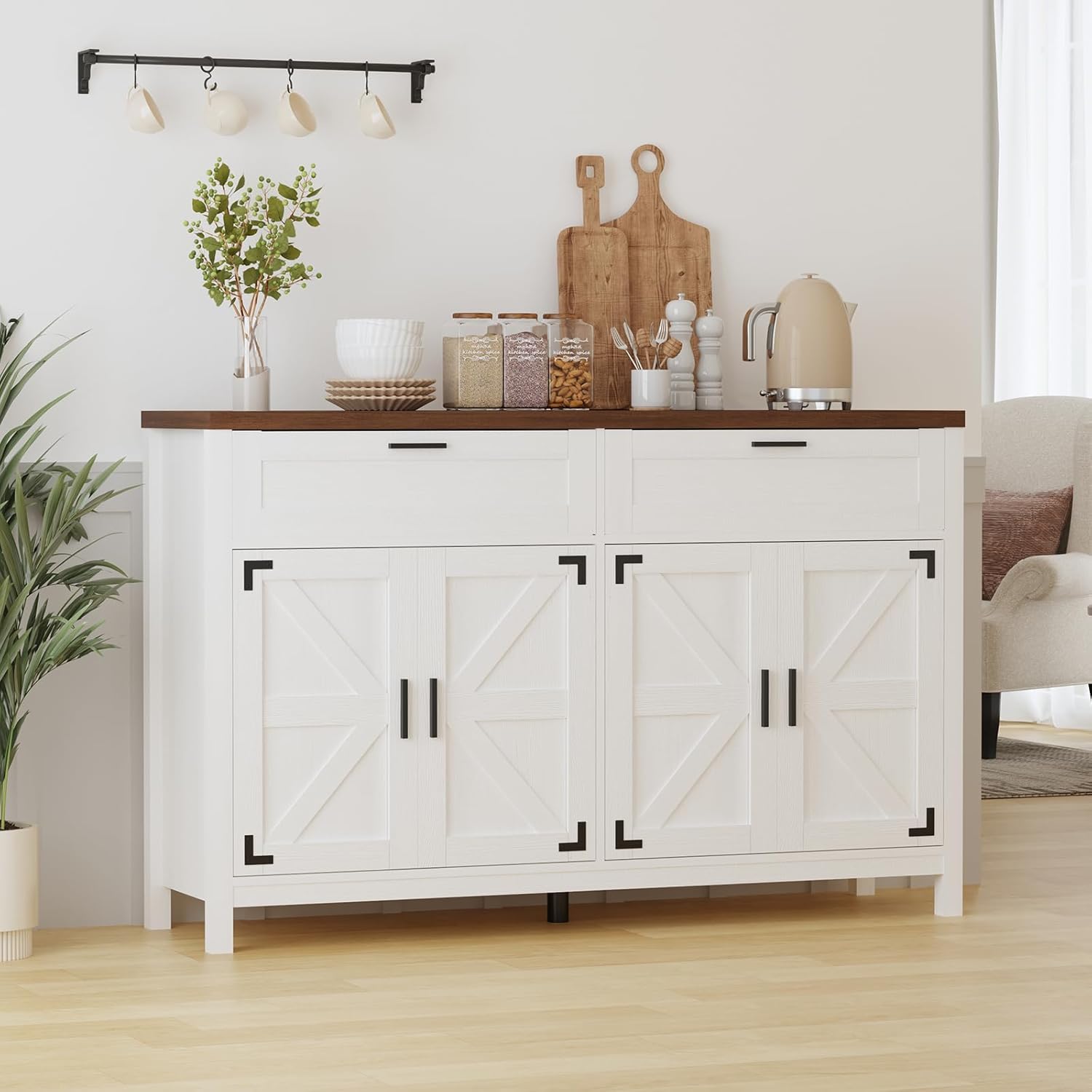 55 in buffet sideboard cabinet with drawer and storage,modern farmhouse coffee bar cabinet with drawers and shelves, barn doors coffee bar cabinet buffet table for kitchen, living room, white