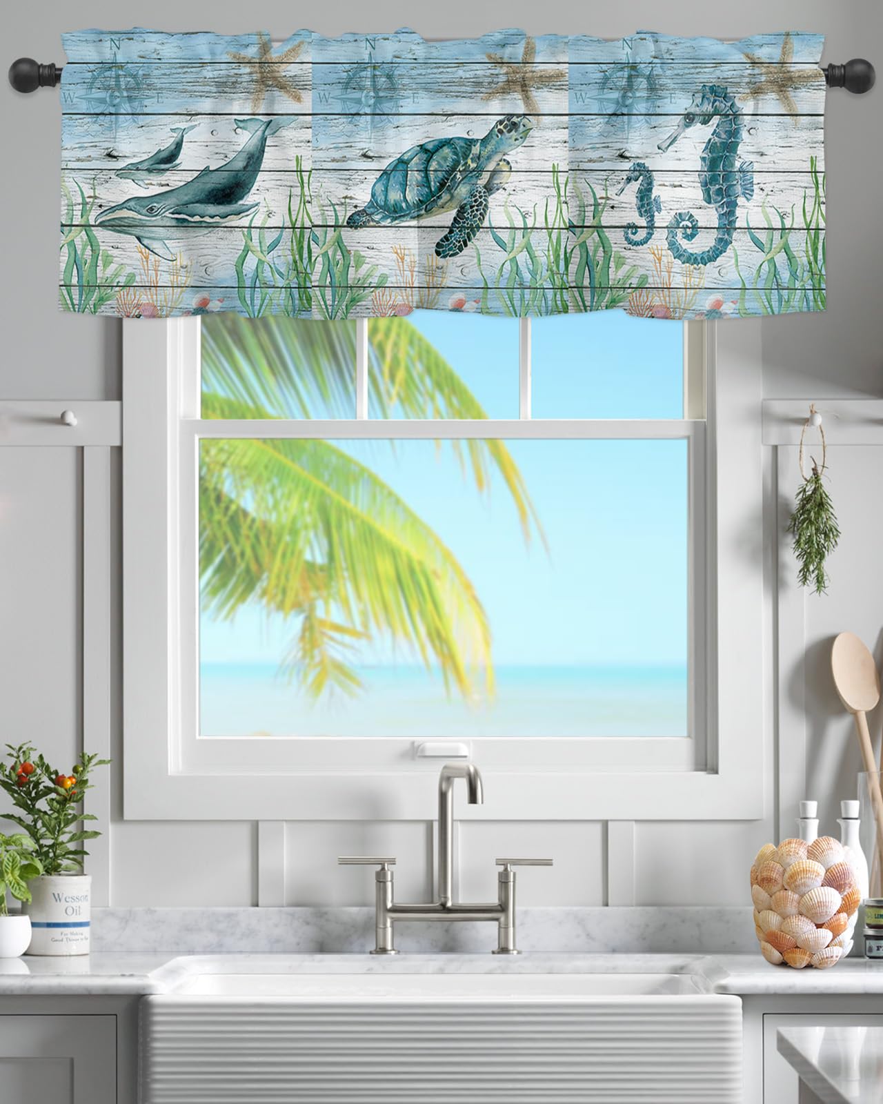 Segard Ocean Window Valance for Kitchen,Sea Turtle Valances Rod Pocket Curtain,Seahorse Whale Coastal Beach Short Topper Curtains Blue Window Treatment for Bedroom Bathroom Cafe 1 Panel 54"x18"