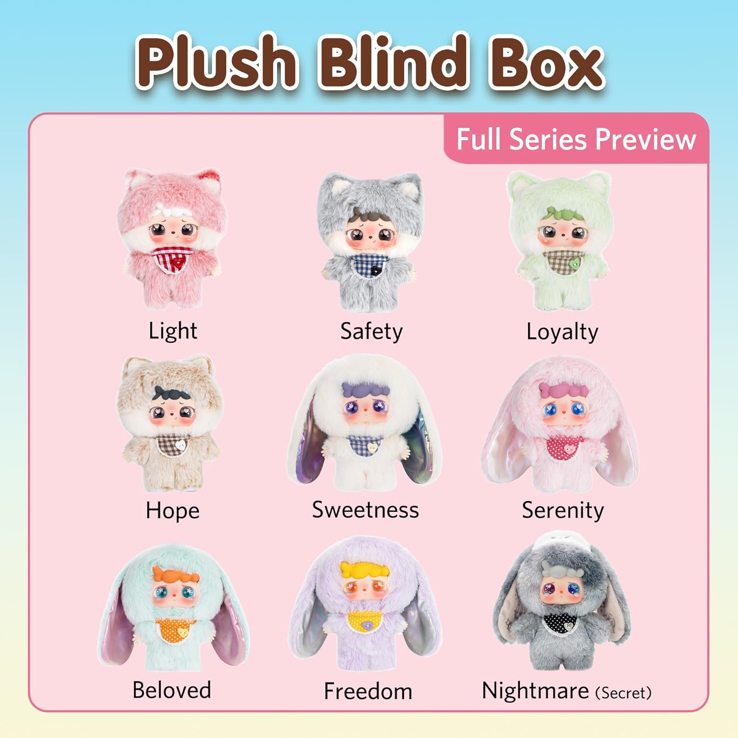 Plush Blind Box, Kawaii Cute Cat & Bunny Stuffed Animal Plush Doll, Plush Keychain Blind Box Figure Toy, Random 1 of 9 Styles, Birthday Gift for Teen Girls & Adults (Single Box)