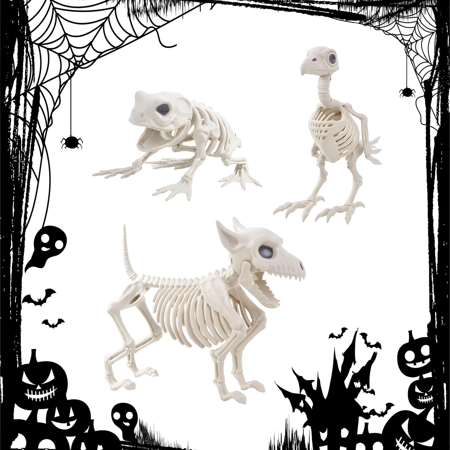 3PCS Animal Skeleton Figurines, Plastic Skeleton Dog Crow Frog Ornaments, Halloween Decorations for Home Office Desk, Spooky Party Favors & Gifts for Men Women - Image 3
