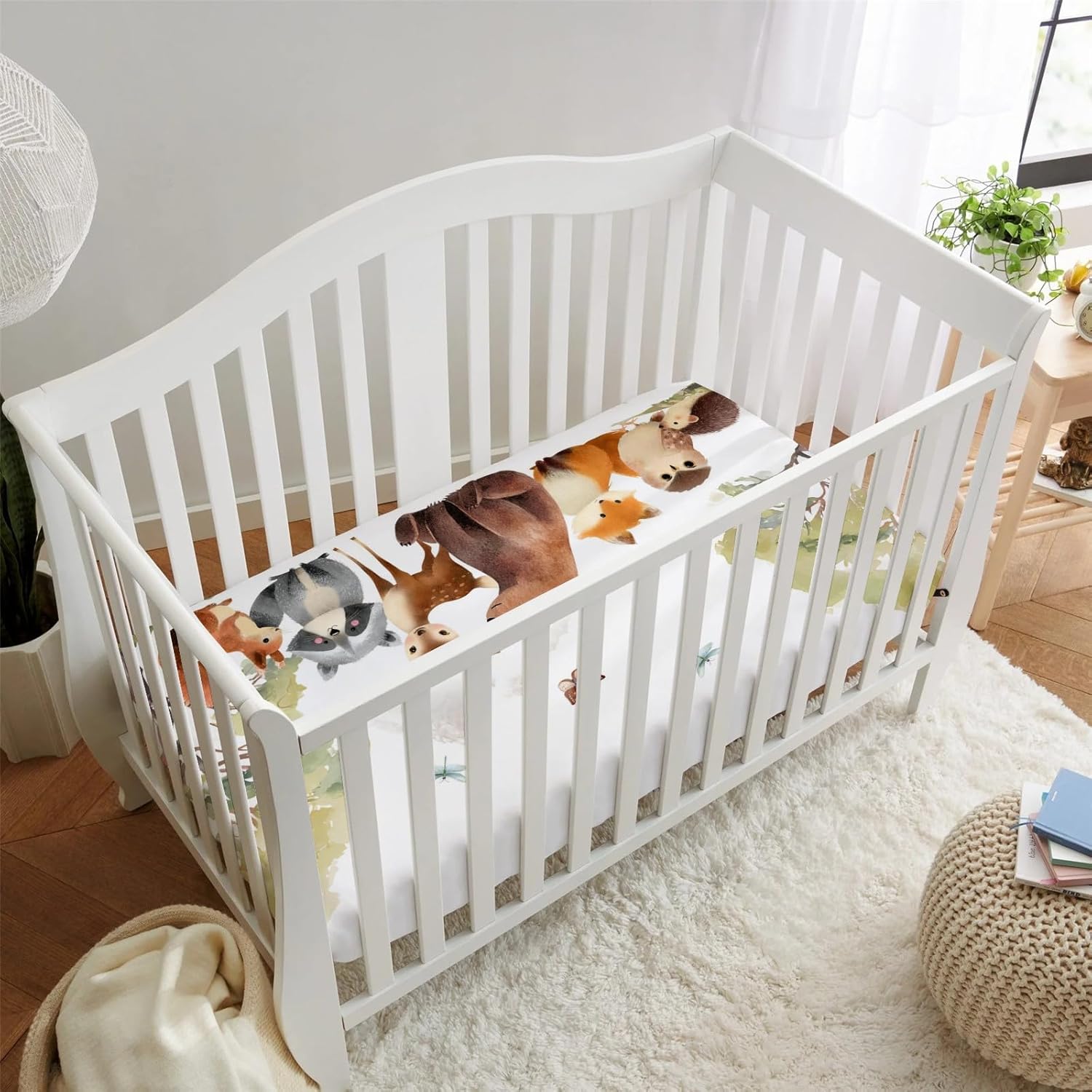 HawSkgFub Animal Friends Fitted Standard Crib Sheet for Baby Boy Girl, Neutral Forest Deer Bear Fox Owl Toddler Mattress Cover, Soft Stretchy Nursery Bed Sheets Decor Kids Gift 52 x 28