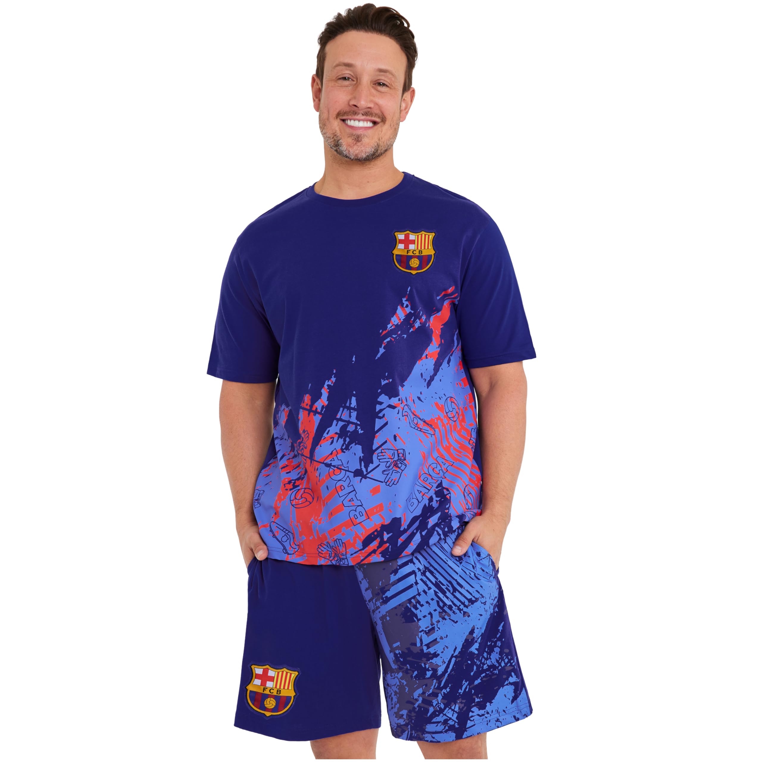 Men's Short Summer Pyjamas Men's Cotton Pyjamas Football Fan Item Gifts for Men, Blue Barcelona, 3XL-image-24