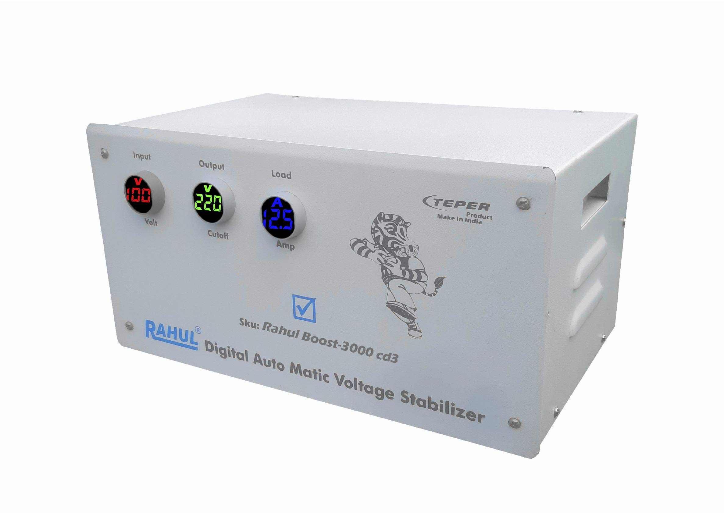 Rahul Boost-3000 cd3 Kva/12 Amp,100-280 Volt,5 Booster,Use a Maximum of 12 Amp Load, with 3 Metar Input,Output+Load Metar with Over Load MCB,Mainline Digital Automatic Copper Voltage Stabilizer