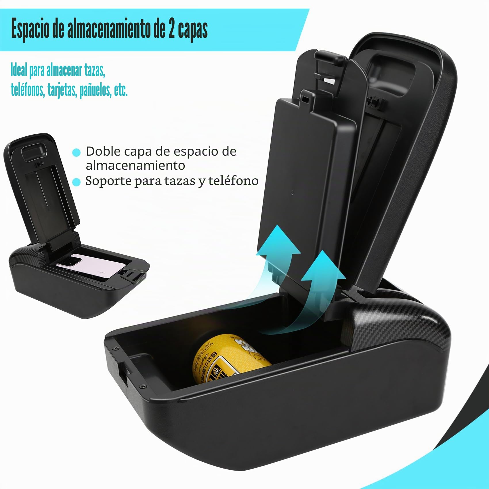 Apoyabrazos Para Citroen C3 MK3 2016-2024 Apoyabrazos Coche Consola Reposabrazos Central Almacenamiento Negro Cuero Tapizado Caja