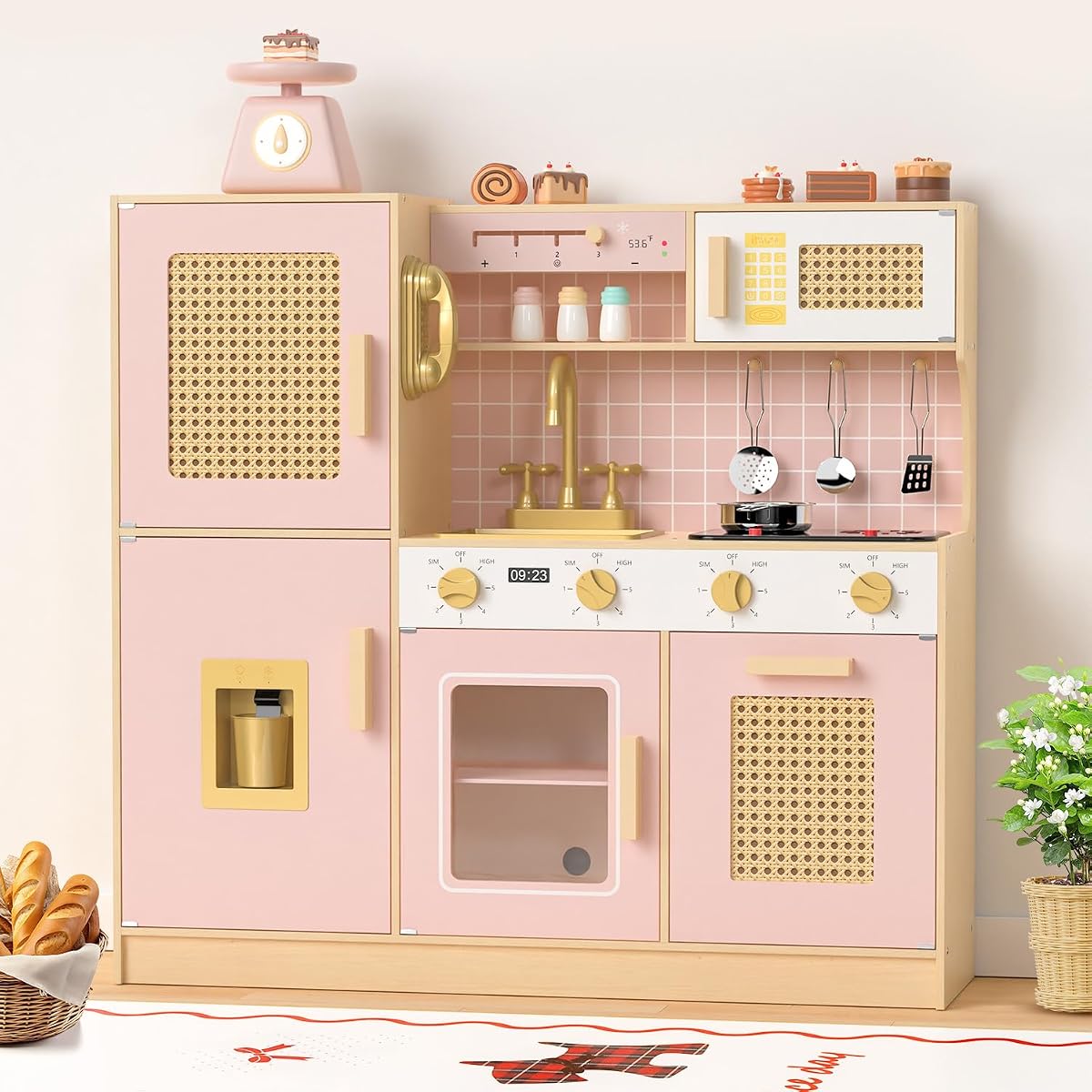 Babytronic Wooden Kids Play Kitchen, Pretend Toy Gift for Girls & Toddlers | Lights & Sounds Retro Kitchen, 25 PCS Accessories, Includes Play Phone, Fridge, Ice Maker, Microwave & Oven (Pink)