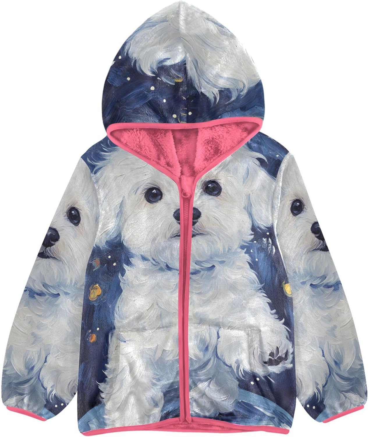 ALAZA White Dog Walking Hoodie Jacket for Girls Toddler Fleece Zip Up Coat Plush Jacket Long Sleeve Outerwear for 3 Years