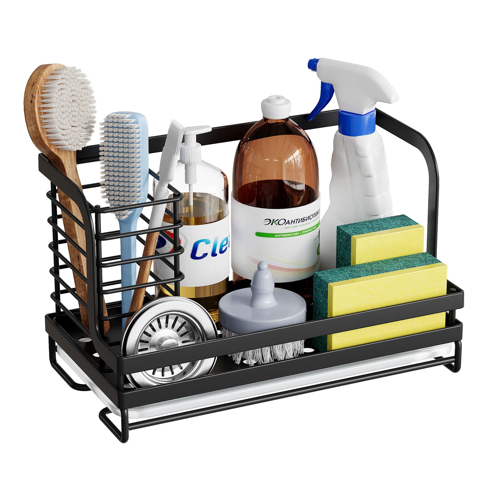 ODesign Sink Organizer Caddy Holder with Drain Pan Sponge Scrubber Brush Kitchen Caddy for Countertop Sponge Holder for Kitchen Sink,SUS304 Stainless Steel Rustproof - Black