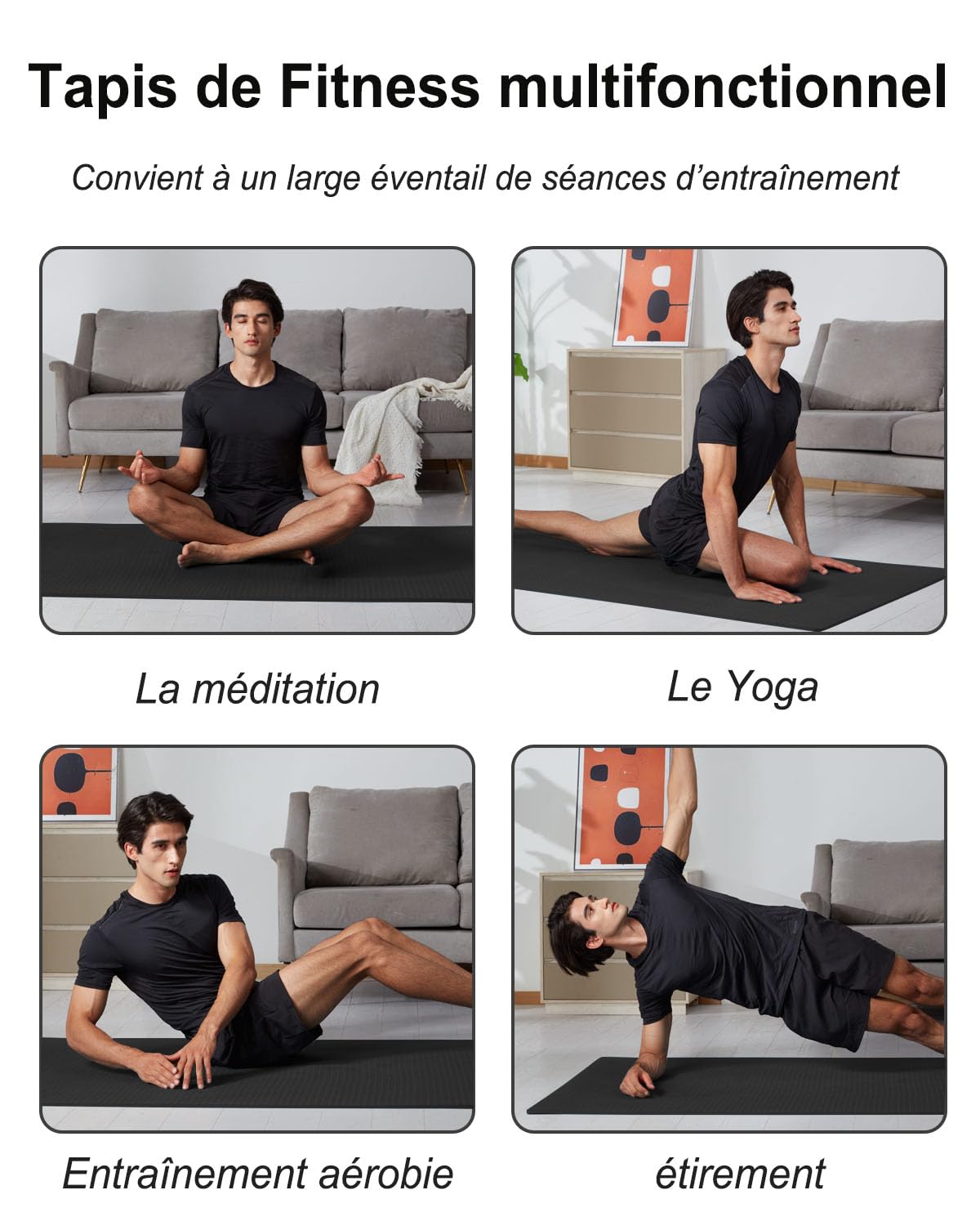 Tapis de yoga antidérapant - 195 x 90 cm - TPE - 10 mm d'épaisseur - Tapis de sport XL avec sangle de transport + sac pour Pilates, yoga, entraînement