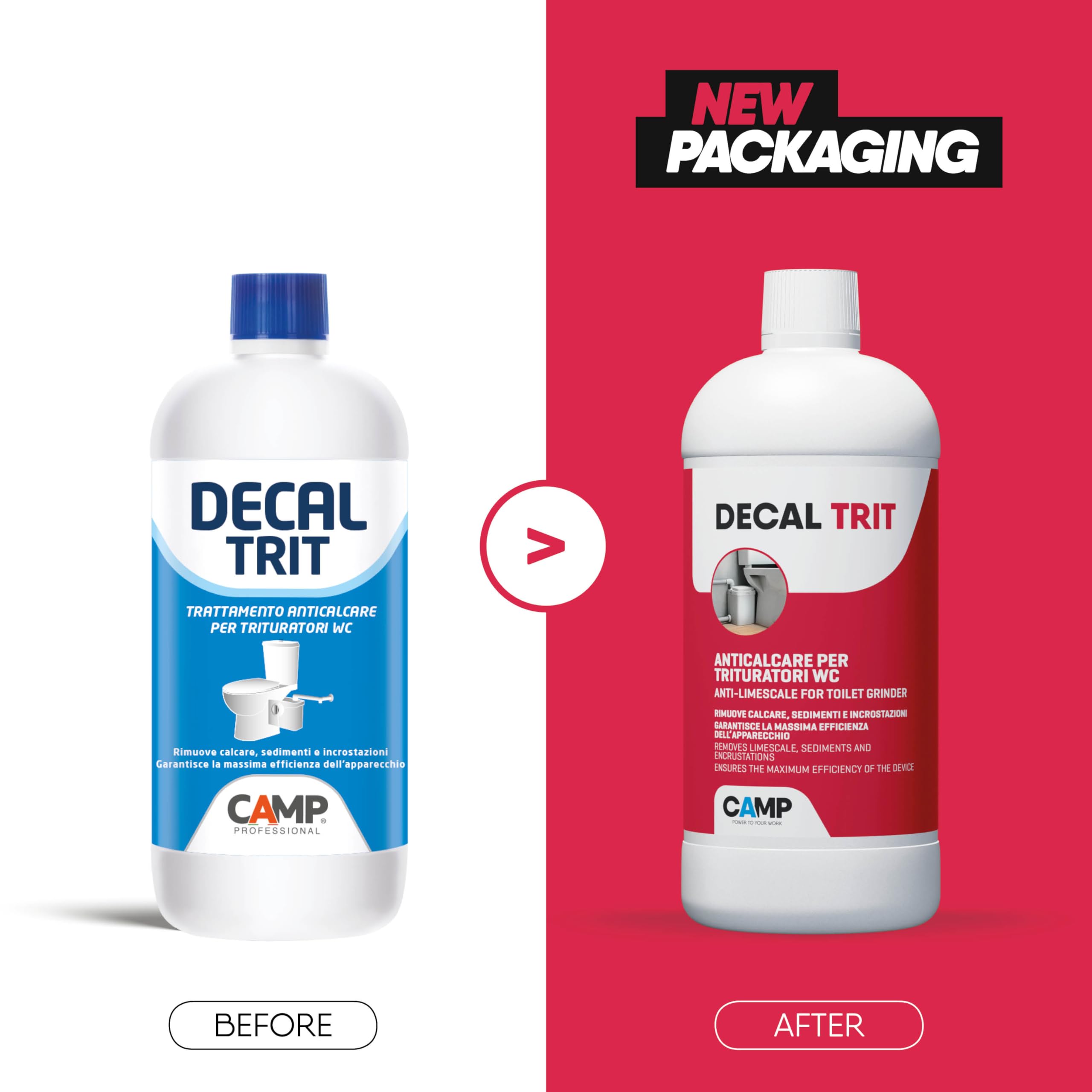 CAMP Decal Trit – Disincrostante WC Anticalcare per Trituratore e Scarico WC - Rimuove Calcare, Sedimenti e Incrostazioni Prevenendo Blocchi e Intasamenti - Pronto all'Uso, 1l, Made in Italy