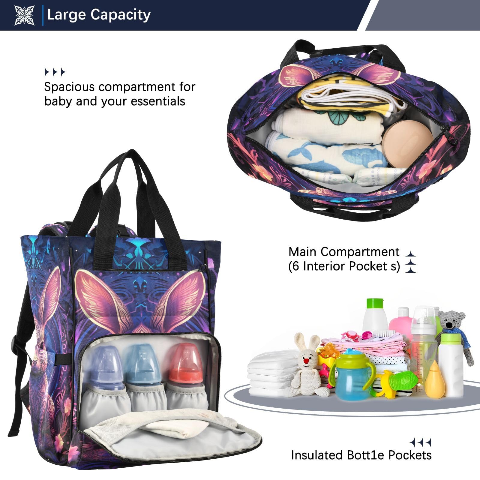 Conejo Espacio Abstracto Azul Mochilas de Pañales para Gran Capacidad Pañal Bolso Mochila para Viajar al Aire Libre Mamá y Papá