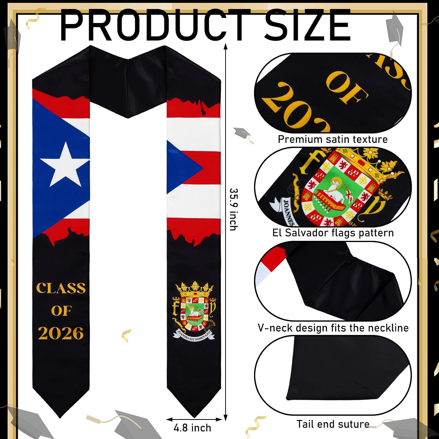 Puerto Rico Graduation Stole Sash American Flag Mixed Stole Class of 2026 Grade Sash for International Student